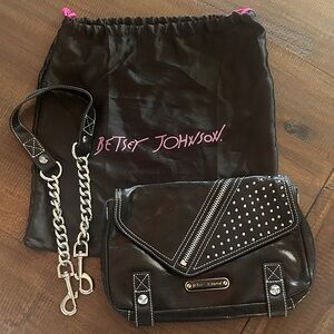 Betsey Johnson Black Studded Flap Clutch / Purse with Chain Strap